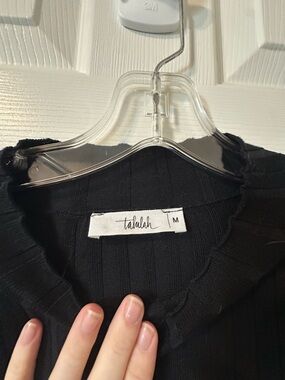 TALULAH Black Ribbed Crewneck Top with Ruffle Trim